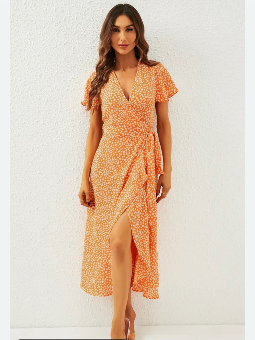 Naïf Orange Ditsy Floral Wrap Midi Dress, NWOT, Size M